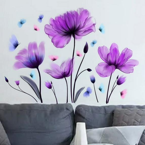 Purple Tulip Flower Wall Decals Stickers Flower Butterfly Stickers Peel and Stick for Living Room Bedroom TV Background Decoration