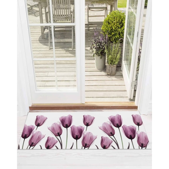 Purple Tulip Front Door Mat X-ray Flower Transparent Floral Welcome Doormat Indoor Outdoor Entrance Floor Mat Non-Slip Washable Runner Rug for Front Porch Decor 18x60 Inch
