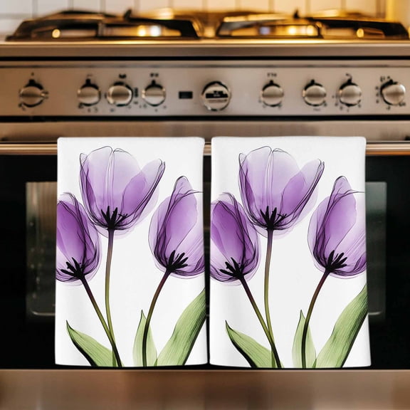 Purple Tulip Kitchen Towels Set of 1, Aesthetic Pastoral Flower Floral Spring Absorbent Dish Towels for Kitchen, Microfiber Hand Towel, Quick Drying Tea Towel for Cleaning Decorative Dishcloths