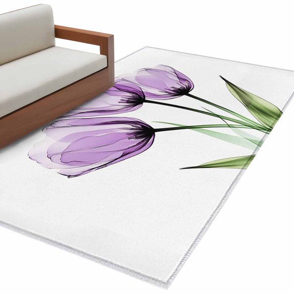 Purple Tulip Large Area Rugs for Bedroom Living Room, Soft Non Slip Carpet Bedside Rug, Modern Blossom Pastel White Floral Petal Rectangular Floor Cover Kitchen Accent Rug 4'x6' for Office