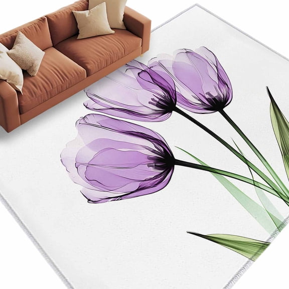 Purple Tulip Large Area Rugs for Bedroom Living Room, Soft Non Slip Carpet Bedside Rug, Modern Blossom Pastel White Floral Petal Rectangular Floor Cover Kitchen Accent Rug 5'x8' for Office