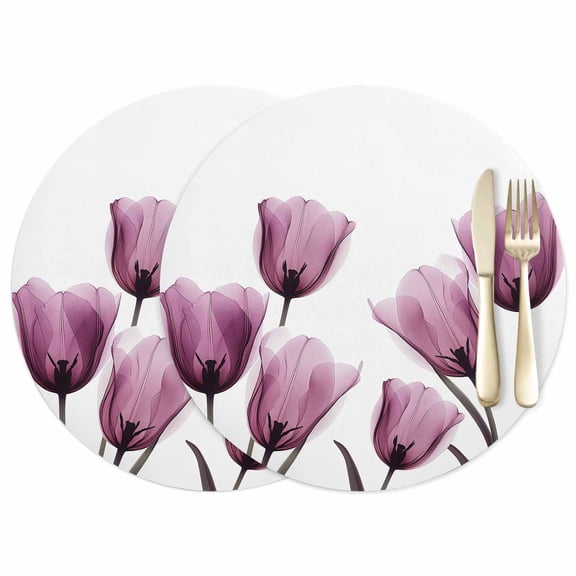 Purple Tulip Leather Placemats Set of 2, 12 Inch, X-ray Flower Transparent Floral Waterproof Oil-Proof Place Mats, Non-Slip Table Mats for Kitchen, Dining Room, Indoor Outdoor