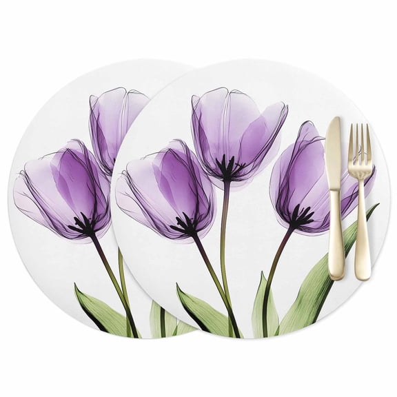 Purple Tulip Leather Placemats Set of 2, 12 Inch, X-ray Image Flower Abstract Transparent Floral Waterproof Oil-Proof Place Mats, Non-Slip Table Mats for Kitchen, Dining Room, Indoor Outdoor