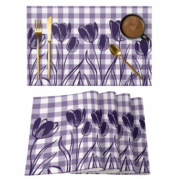 Purple Tulip Placemats Set of 1, Purple Flower Silhouette Non-Slip Place Mats Washable Table Mats for Kitchen Dining Table Decorations Indoor/Outdoor