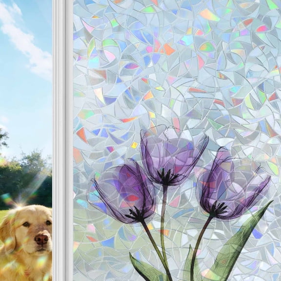 Purple Tulip Rainbow Window Privacy Film, X-ray Image Flower Abstract Transparent Floral Stained Glass Window Film, Sun Blocking Static Cling Non Adhesive Door Stickers 19.6 x 39.3 Inches