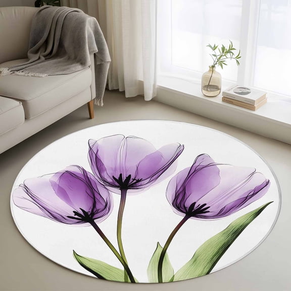 Purple Tulip Round Rugs for Living Room 3ft X-ray Image Flower Abstract Transparent Floral Non Slip Circle Rug Washable Low-Profile Indoor Carpet for Bedroom, Dining Room, Bathroom