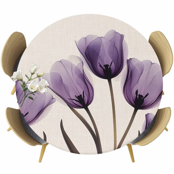 Purple Tulip Round Tablecloth 45-54 Inch Round Fitted Table Cloth with Elastic Edge, Elegant Retro Beige Floral Spring Botanical Waterproof Table Cover Protector for Outdoor Picnic Party Dining