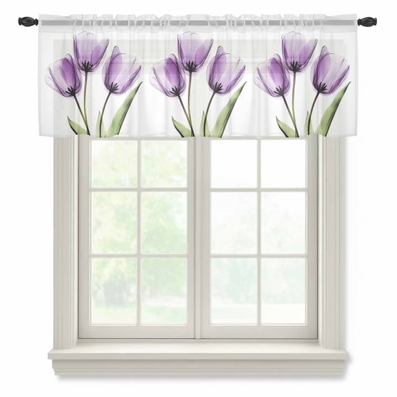 Purple Tulip Semi Sheer Valance Curtains X-ray Image Flower Abstract Transparent Floral Voile Valances Curtain Rod Pocket Small Window Treatment for Kitchen Bathroom Cafe 42"x12"