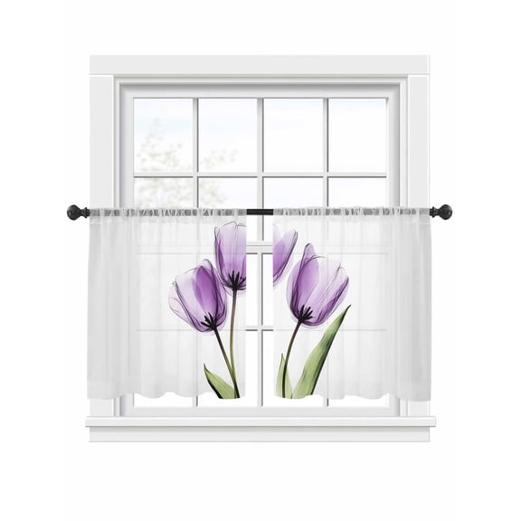 Purple Tulip Sheer Curtains 2 Panels Set X-ray Image Flower Abstract Transparent Floral Sheer Window Curtains Light Filtering Rod Pocket Voile Drapes for Bedroom Living Room 52"x45"