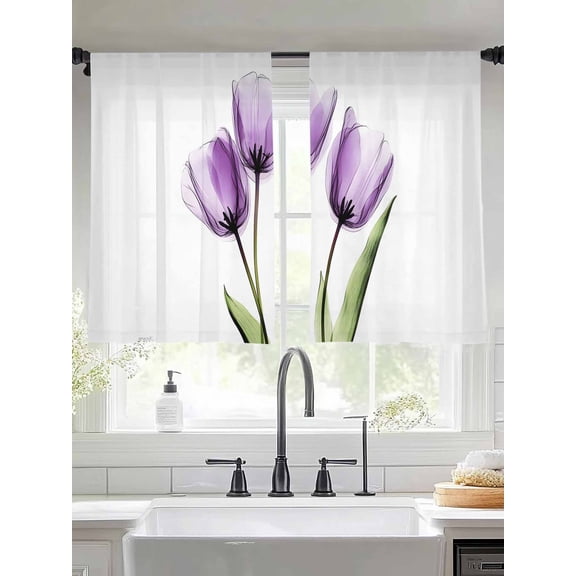Purple Tulip Sheer Curtains 45 Inches Long 2 Panels X-ray Image Flower Abstract Transparent Floral Light Filtering Semi Sheer Window Curtains Drapes for Bedroom Living Room 52"x45"