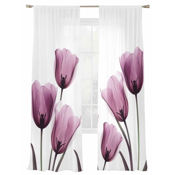 Purple Tulip Sheer Curtains for Living Room Bedroom, X-ray Flower Transparent Floral Light Filtering Sheer Curtain Rod Pocket Voile Window Treaments Drapes, 52 x 108 Inches