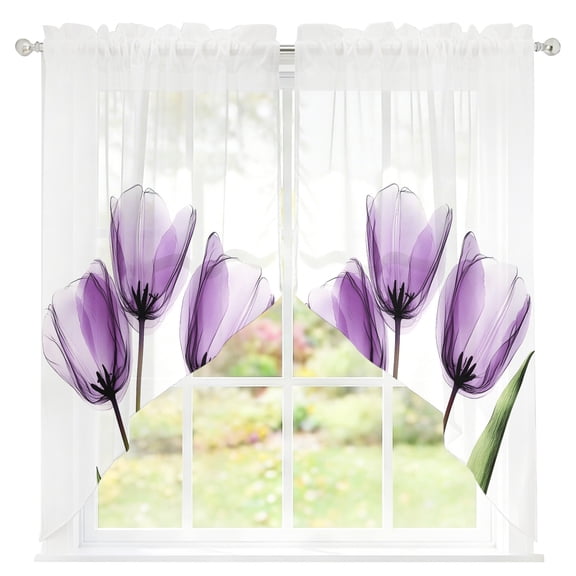 Purple Tulip Sheer Curtains Swag Valances for Windows X-ray Image Flower Abstract Transparent Floral Rod Pocket Swag Curtain Small Window Curtain for Kitchen Living Room Bedroom, 1 Pair 28"W x 36"L