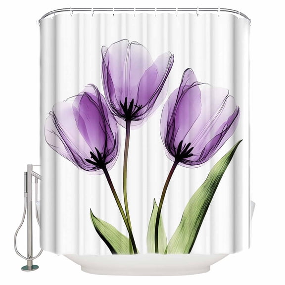 Purple Tulip Shower Curtain, 66" x 72", Image Flower Abstract Transparent Floral Waterproof Bathroom Curtain Washable Shower Curtain Set with 12 Hooks