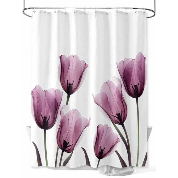Purple Tulip Shower Curtain, Flower Transparent Floral Waterproof Shower Curtain Set with 12 Hooks Lightweight Washable Fabric Shower Curtains for Bathroom 60x72 Inches