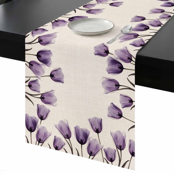 Purple Tulip Table Runner 13x36 Inch Minimalist Modern Flower Art Linen Background Table Runner Non-Slip Dresser Scarves for Holiday Decorations, Party, Dinner and Gatherings, 1 Pack