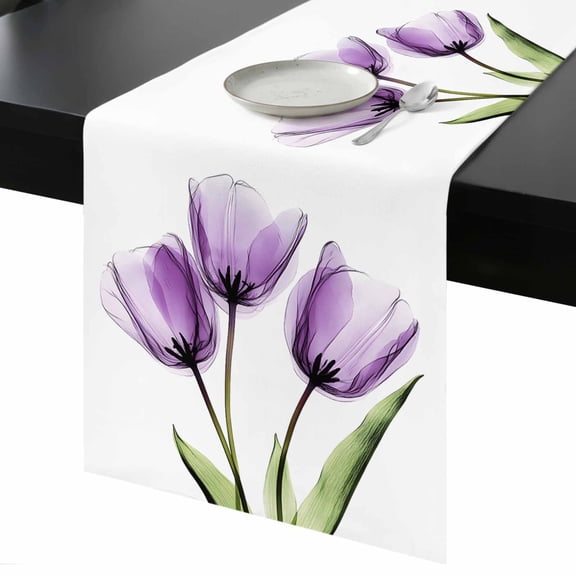 Purple Tulip Table Runner 13x36 Inch X-ray Image Flower Abstract Transparent Floral Table Runner Non-Slip Dresser Scarves for Holiday Decorations, Party, Dinner and Gatherings, 1 Pack