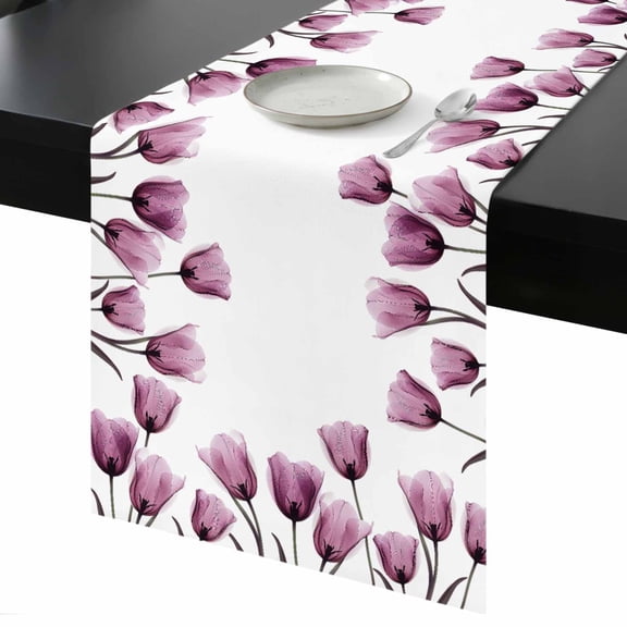 Purple Tulip Table Runner 13x60 Inch X-ray Flower Transparent Floral Table Runner Non-Slip Dresser Scarves for Holiday Decorations, Party, Dinner and Gatherings, 1 Pack