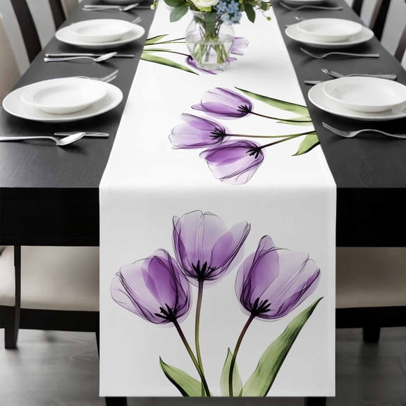 Purple Tulip Table Runner 36 Inches Long, Aesthetic Pastoral Flower Floral Spring Kitchen Coffee Dining Table Decoration for Home Party Birthday Wedding Home Decor 13x36 Inches