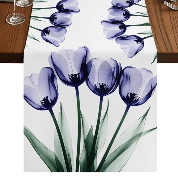 Purple Tulip Table Runner 36 Inches Long, Transparent Flowers Cotton Linen Dining Table Runner Dresser Scarves for Home Kitchen Party Decor 13"x36"