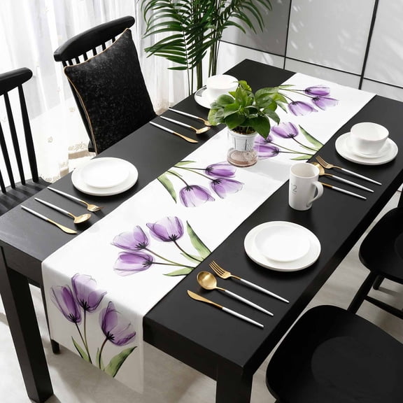 Purple Tulip Table Runner 36 Inches Small - Aesthetic&nbsp;Pastoral Flower Floral Spring Kitchen Dining Burlap Linen Tablerunner for Small/Round/Square/Wedding/Coffee/Dining Table Party Décor 13 x 36