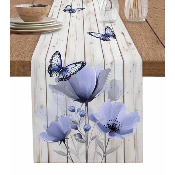 Purple Tulip Table Runner Cotton Linen 48 Inch Holiday Dresser Scarves, Spring Flowers Butterfly Wooden Grain Tablerunner for Kitchen Coffee Dining Bedroom Living Room Dinner Scarf Décor 13''x48''