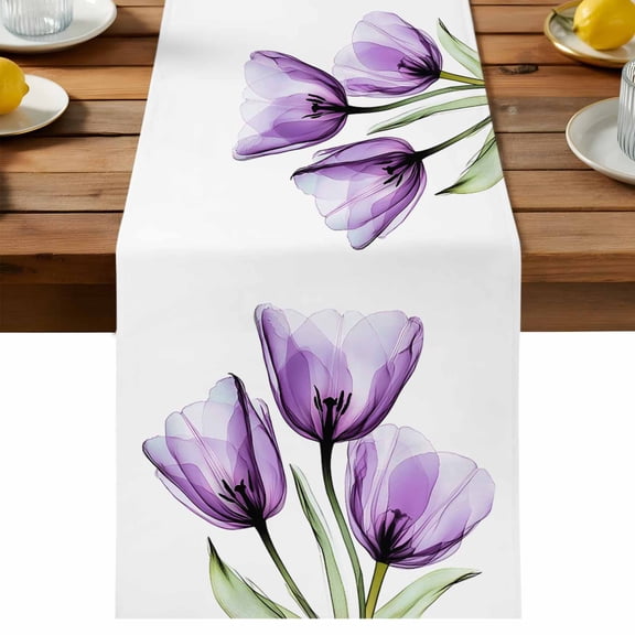 Purple Tulip Table Runner, Transparent Flower Cotton Linen Table Cloth, Purple Floral Tablerunner for Kitchen Dining Party Wedding Home Decor 13x36 Inch