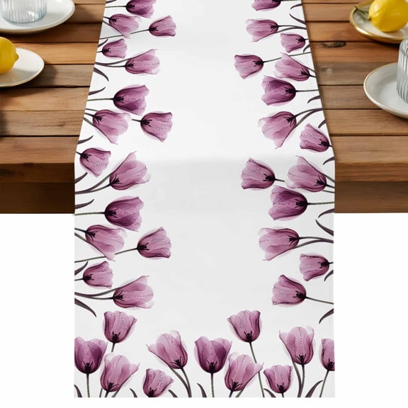 Purple Tulip Table Runner, X-ray Flower Transparent Floral Cotton Linen Table Cloth, Tablerunner for Kitchen Dining Party Wedding Home Decor 13x36 Inch
