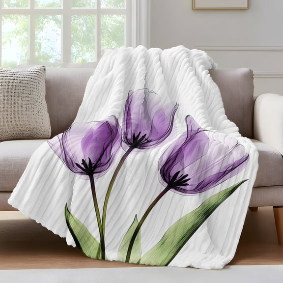 Purple Tulip Throw Blanket for Couch X-ray Image Flower Abstract Transparent Floral Soft and Warm Flannel 3D Striped Fluffy Fuzzy Fleece Blanket Lightweight Throw for Bed, Sofa 40 x 50 Inches