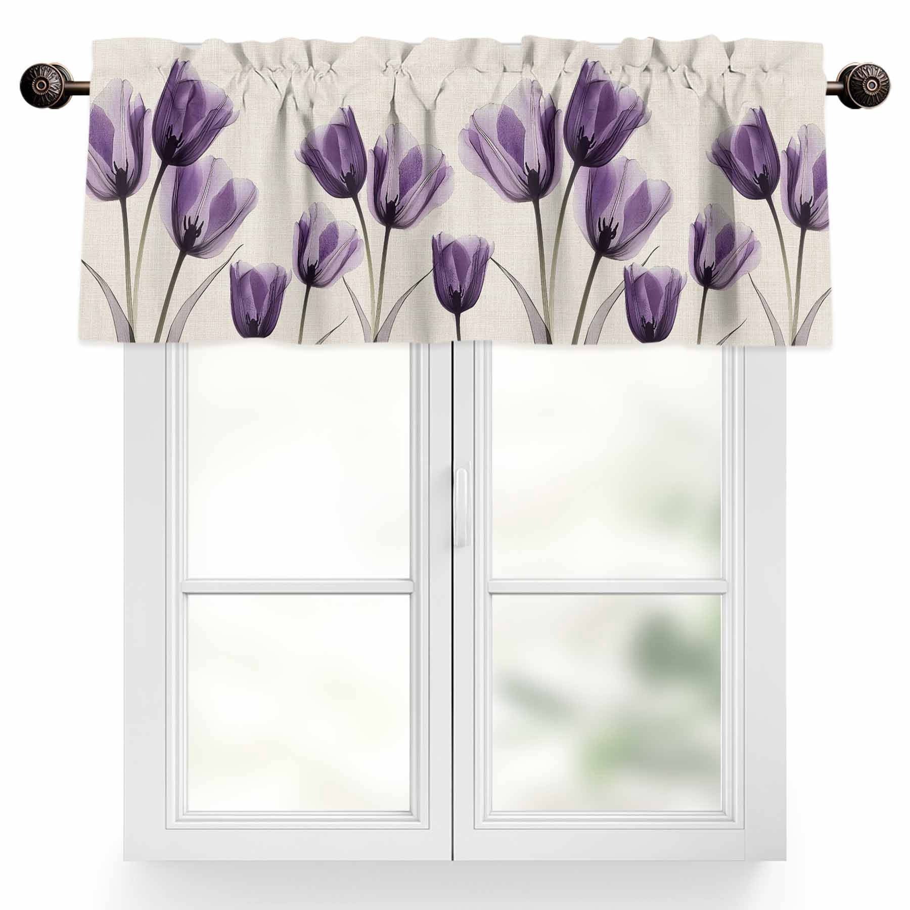 Purple Tulip Valances for Windows, 60 x 18in, Minimalist Modern Flowers Art Linen Background Rod Pocket Kitchen Valance Curtain Light Filtering Window Treatments for Living Room Bedroom, 1 Panel