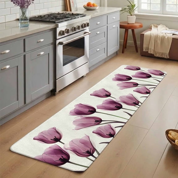 Purple Tulip Washable Runner Rug 3X5 ft X-ray Flower Transparent Floral Non-Slip Hallway Runner Rug, Linen Kitchen Runner Mats, Indoor Floor Carpet for Entryway Bathroom Bedroom Living Room
