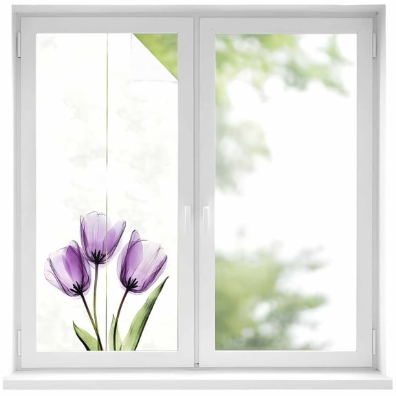 Purple Tulip Window Privacy Film X-ray Image Flower Abstract Transparent Floral Decorative Glass Window Film UV Blocking Static Cling Non-Adhesive Sticker Covering for Home Door 17.7 x 39.3 inches