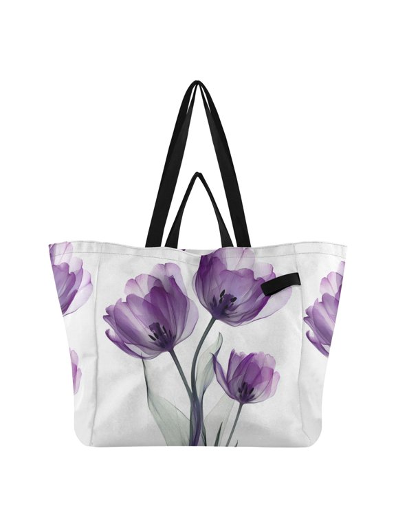 Purple Tulips Canvas Tote Bag Large Capacity Reusable Tote with Double Handles, Foldable Heavy Duty Shopping Beach Laundry Bag, 32L