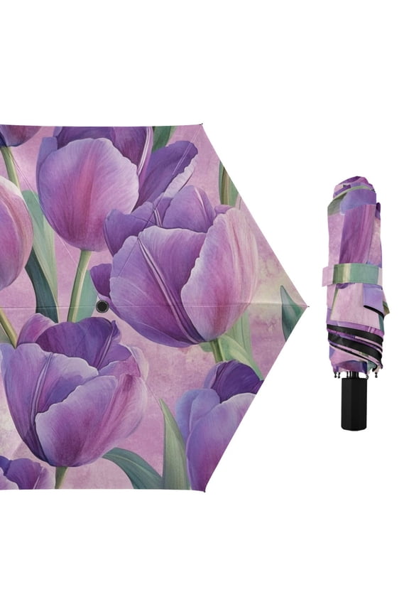 Purple Tulips Green Leaves All Weather Umbrella Triple Folding Parasol 6 Ribs UV Protection Portable