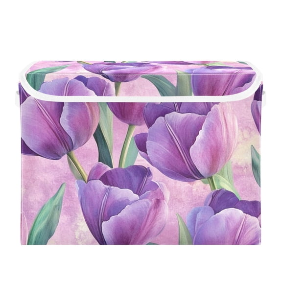 Purple Tulips Green Leaves Foldable Storage Bin with Lid and Handle Collapsible Storage Box 16.5 x 12.6 x 11.8 inches