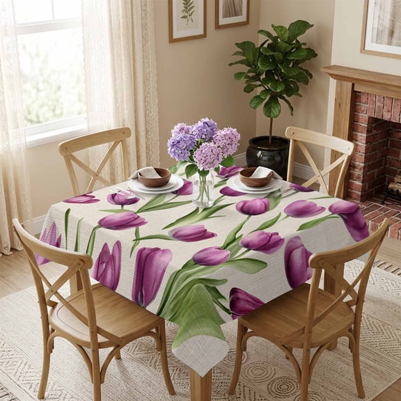 Purple Tulips Leaves Square Tablecloth 54x54 Inch Watercolor Spring Waterproof Polyester Tablecloth for Dining Table, Washable Table Cover for Kitchen Dining Room Wedding Decoration,Stain Resistant