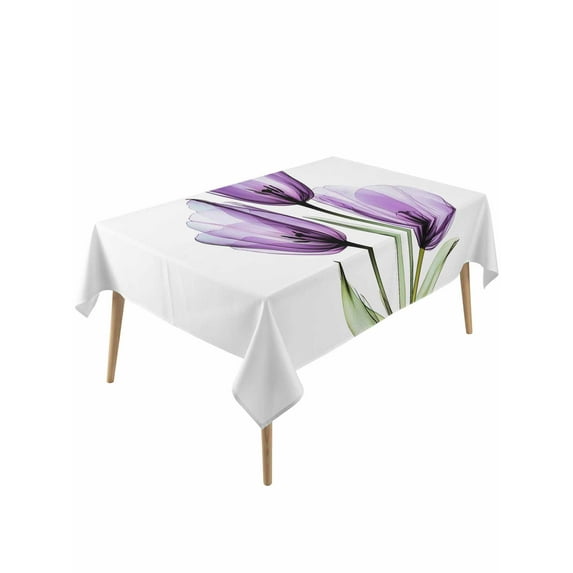 Purple Tulips Table Cloth, Green Leaf Country Flower White Botanical Waterproof Tablecloth for Rectangle Tables, Reusable Washable Fabric Table Cover for Restaurant Kitchen Dining Tables 54"x108"