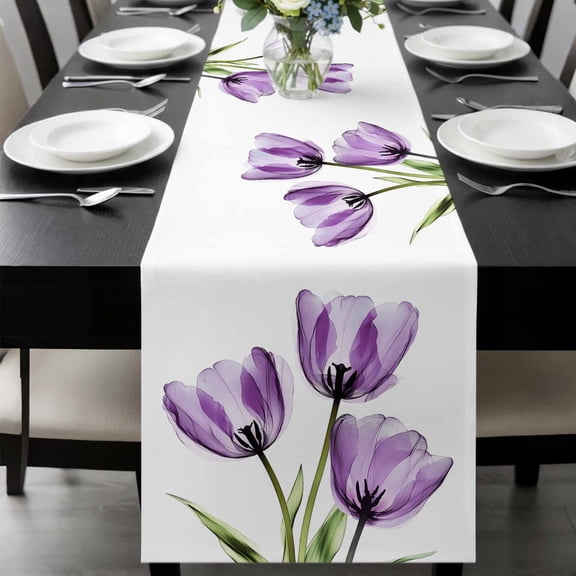 Purple Tulips Table Runner 36 Inches Long, Spring Floral Botanical Plant Abstract Kitchen Coffee Dining Table Decoration for Home Party Birthday Wedding Home Decor 13x36 Inches