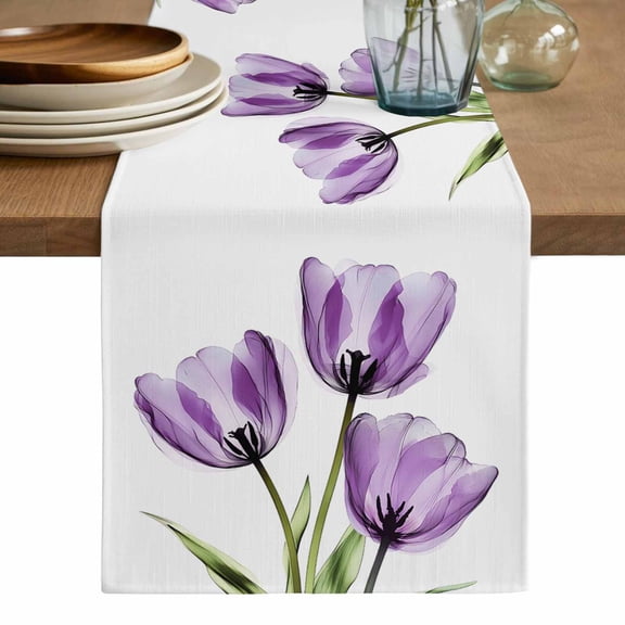 Purple Tulips Table Runner, Spring Floral Botanical Plant Abstract Washable Cotton Linen Table Runners 36 Inches Long, Dresser Scarf Runner for Nightstand/End Tables/Round Tables 13''x36''