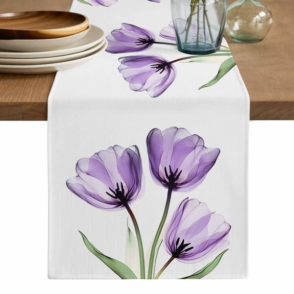 Purple Tulips Table Runner, Watercolor Floral Wildflower Green Plant Washable Cotton Linen Table Runners 36 Inches Long, Dresser Scarf Runner for Nightstand/End Tables/Round Tables 13''x36''