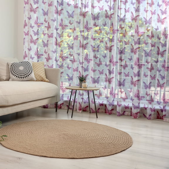 Purple Tulle Curtains with Rod Pocket, Abstract Butterflies on Floral Background Feminine Romance Illustration, Sheer Drape for Wedding Party 2 Panels, 7 Sizes, Maroon Purple Pale Pink, by Ambesonne