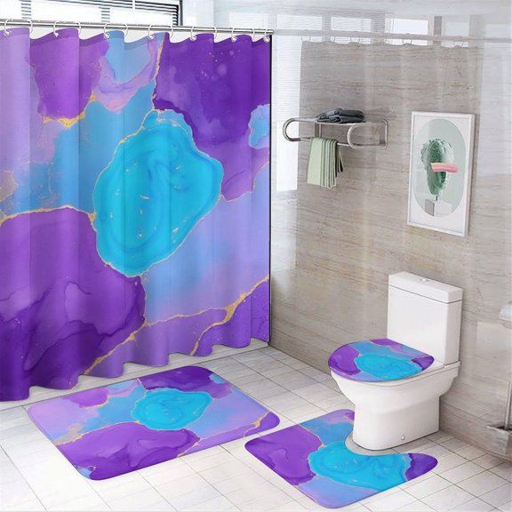 Purple Turquoise Abstract Marble Shower Curtain Waterproof Bathroom Curtain Set with Hooks Home Decor Bathroom Curtains 4pcs