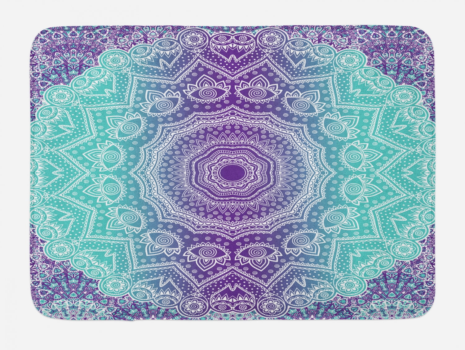 Purple and Turquoise Mandala Plush Bath Mat with Non-Slip Backing