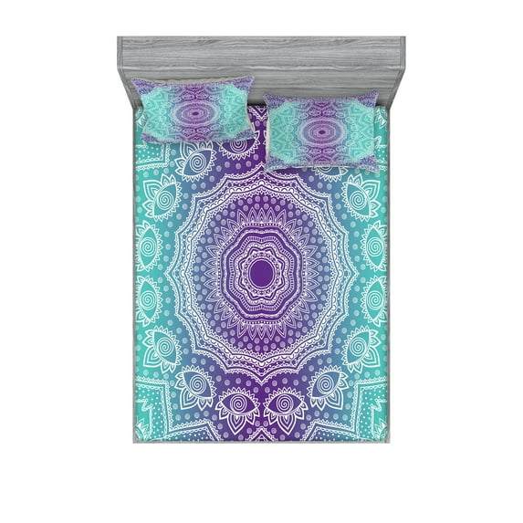 Purple and Turquoise Fitted Sheet & Pillow Sham Set, Hippie Ombre Mandala Inner Peace and with Ornamental Art, Decorative Printed 6 Piece Bedding Decor Set, Queen, Purple Aqua, by Ambesonne