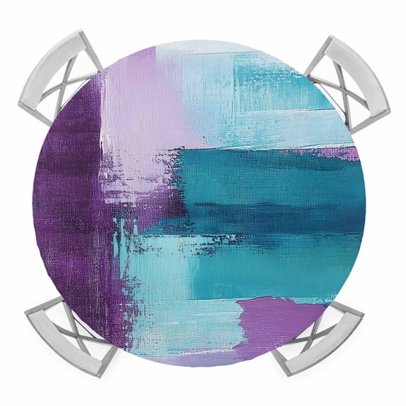 Purple Turquoise Oil Painting Round Tablecloth for 36-44 Inch Tables,Fitted Table Cover with Elastic Edge,Abstract Modern Geometric Waterproof Outdoor Table Cloth Protector for Patio Garden Dinner