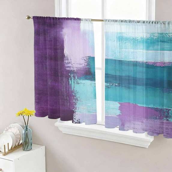 Purple Turquoise Oil Painting Sheer Curtains 45 Inch Length 2 Panels Set, Abstract Modern Geometric Voile Window Treatment Rod Pocket Small Kitchen Curtains Drapes for Bedroom 52"x45"x2