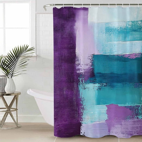 Purple Turquoise Oil Painting Standard Shower Curtain Set, Waterproof Shower Curtains for Bathroom, Abstract Modern Geometric Washable Fabric Cloth Bath Curtain for Bathtub with Hooks 72x72 Inches