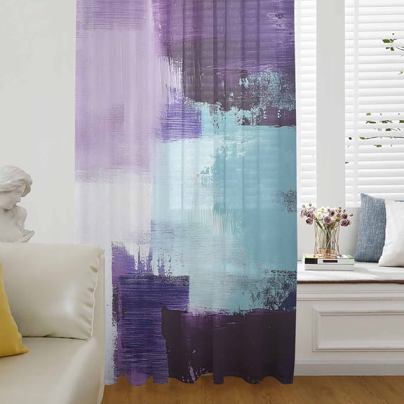 Purple Turquoise Semi Sheer Curtains Drapes for Living Room,Bedroom,French Doors Window 54 Inches Long,Geometric Modern Abstract Oil Painting Rod Pocket Chiffon Curtain Drapery Voile Draperies Panel