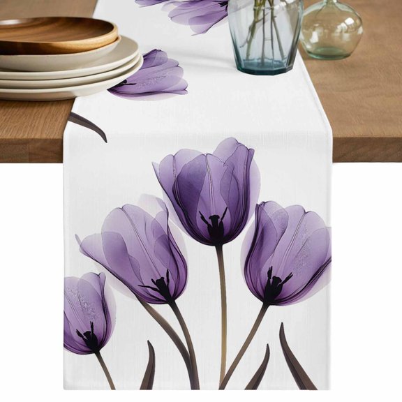 Purple Turquoise Tulip Short Table Runner 36 Inches Long,Botanical Floral Petal Plants Cotton Linen Table Runners Dresser Scarves,Fabric Tabletop Scarf Furniture Cover for Home Dinner Party 13"x36"