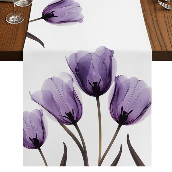 Purple Turquoise Tulip Table Runner 36 Inches Long, Cotton Linen Table Runner Dresser Scarf, Botanical Floral Petal Plants Short Fabric Tablerunners for Dining Tables Wedding Holiday Party 13"x36"