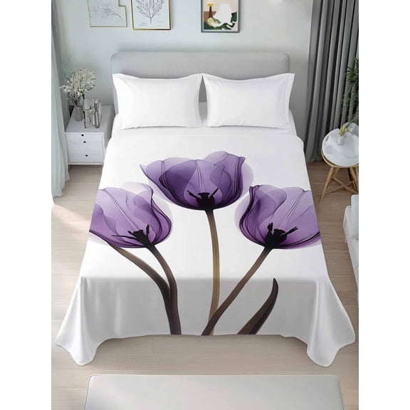 Purple Turquoise Tulip Twim Size Flat Sheet, Wrinkleproof & Fadeproof Cooling Flat Bed Sheet Only, Botanical Floral Petal Plants Breathable Soft Bedding Top Sheets 66 x 96 Inches